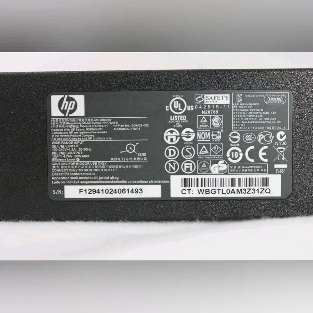 Genuine HP Laptop Adapter 90 Watt, 19 Volts  PPP012 Series